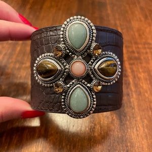Brown Leather Cuff Bracelet with Rhinestones and Silver Hardeware